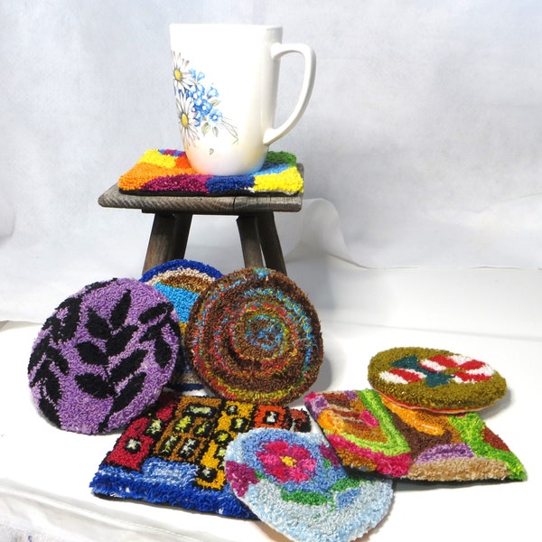 Mug Rug Handmade Tufted Coaster Bright and Colorful Unique One of a Kind Great Gift Idea Office Gift Hand Tufted Big Coaster Punch Needle