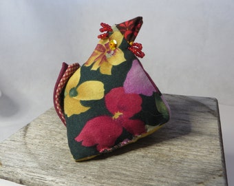 Ready to Ship Chicken Pin Cushion Handmade Cotton Fabric Stuffed with Crushed Walnut  Shells Hen Unique Small Pincushion One of a Kind