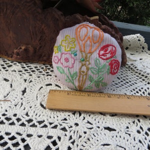 Handmade Pincushion Cute One of a Kind Unique Walnut Shells and Emory Sand Round Heavy Pincushion Hand Embroidered Sweet Gift Idea Sewing image 2