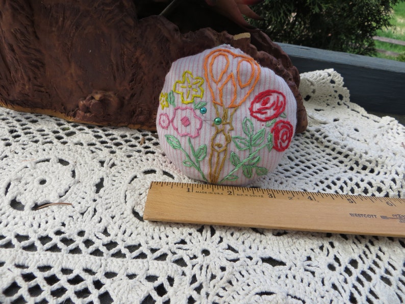 Handmade Pincushion Cute One of a Kind Unique Walnut Shells and Emory Sand Round Heavy Pincushion Hand Embroidered Sweet Gift Idea Sewing image 2