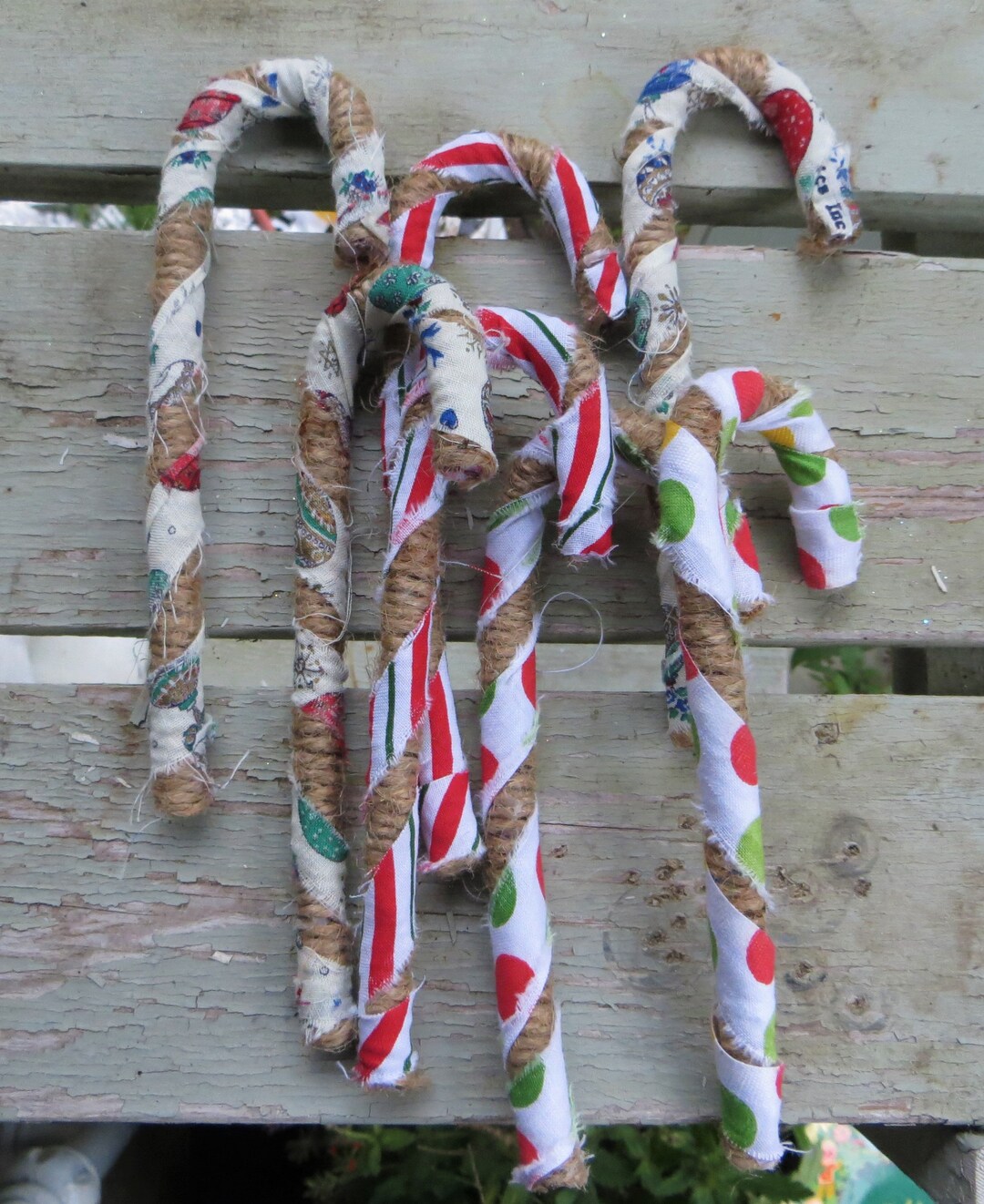 7 Rag Candy Canes Twine and Fabric Wrapped Candy Canes Set of Seven Unique Handmade Holiday or
