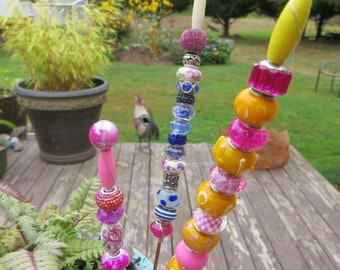 Plant or Fairy Garden Stakes Sparkly Bead and Wire Fairy Garden Sticks or Plant Sticks Handmade One of a Kind Sparkly Metal Beaded Wands