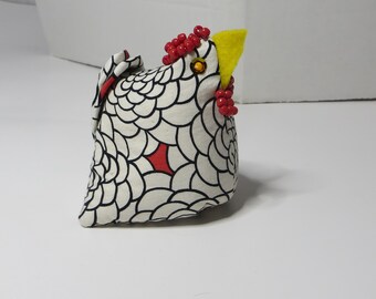 Ready to Ship Chicken Pin Cushion Handmade Cotton Fabric Stuffed with Crushed Walnut  Shells Hen Unique Small Pincushion One of a Kind