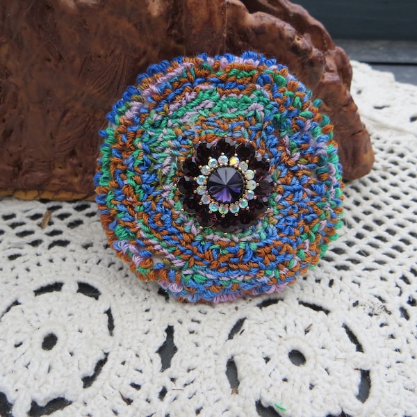 Textile Brooch or Pin Large Round Tufted Brooch with a Purple Rhinestone Center Handmade One of a Kind Brooch or Hat Pin Bag Pin Gift Idea