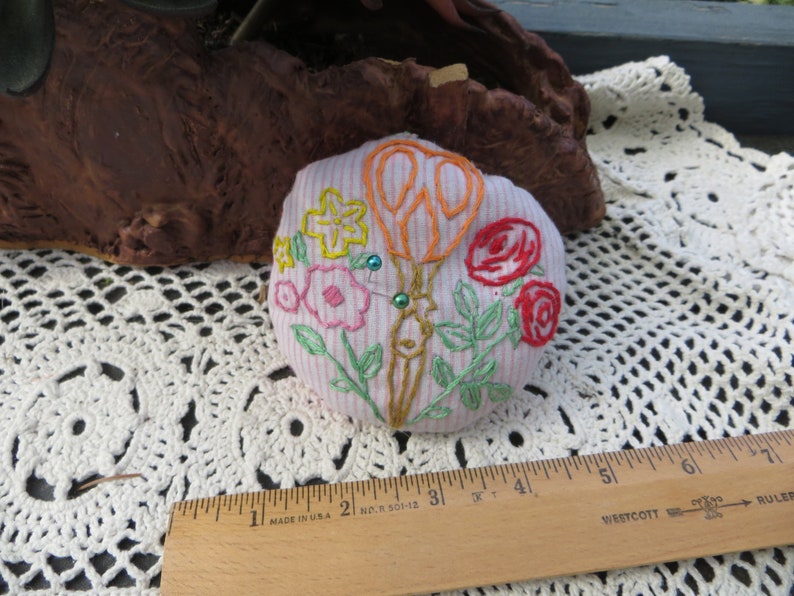 Handmade Pincushion Cute One of a Kind Unique Walnut Shells and Emory Sand Round Heavy Pincushion Hand Embroidered Sweet Gift Idea Sewing image 3