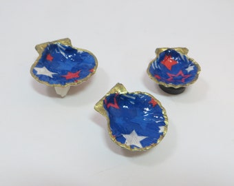 Seashell Magnets Set of Three Decoupaged and Coated Patriotic Shell Magnets Red White Blue Stars Handmade Unique Set of Magnets for Fridge