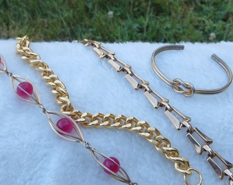 Four Vintage Bracelets Bracelet Lot Vintage Gold Metal Bracelets Pink Beaded Bracelet Metal Knot Cuff Bracelet Sperry Link Bracelet Costume