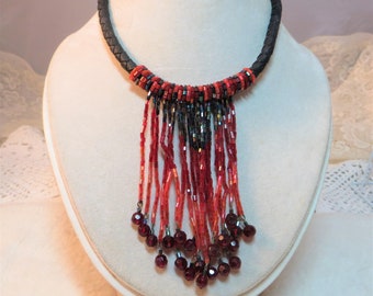 Vintage Beaded Choker Fringed and Fun Red and black Beaded Fringed Choker Necklace Vintage Costume Jewelry Beaded Choker with Fringe