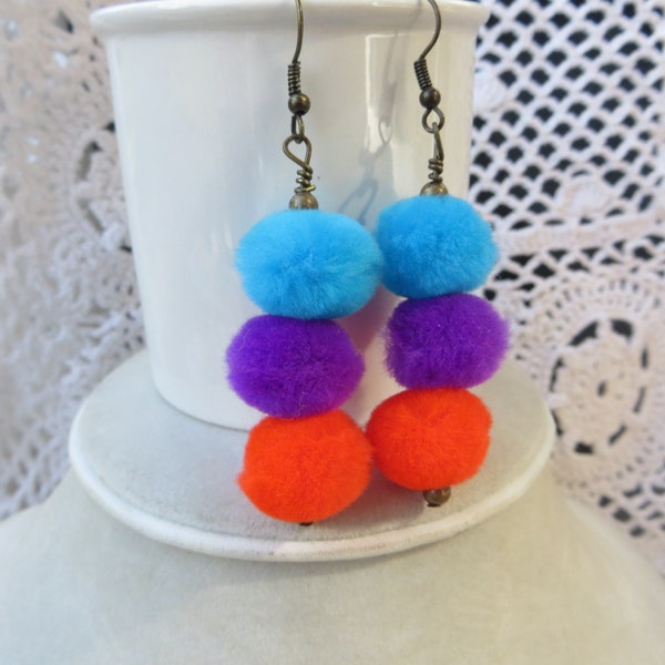 Puffball Earrings Bright Fun Pom Pom Earrings Handmade Lightweight Earrings Purple Blue and Orange Puff Ball Earrings Costume Jewelry Poms