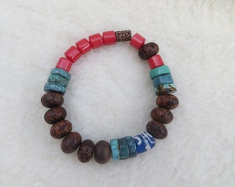 Natural Bead Bracelet Turquoise, Coral and Wood Stretchy Bracelet No Clasp Bracelet Casual Bracelet Mixed Beads and Stones Unique Handmade
