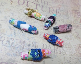 Six Fabric Beads Handmade Large Material Recycle Upcycled Fabric and Threads Set of 6 for Beading, Journaling, Craft, Dreads, OOAK Artisan