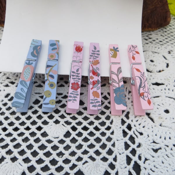 Fancy Clothespins Handmade with Transfers Set of 6 Fun Clothes Pins for Journals or Bags Cute Gift Housewarming Unique One of a Kind