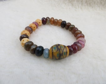 Natural Stone Bracelet Stretchy Bracelet Trade Bead, Carved Stone Beads Earth Tone Natural Look Stretch Bracelet One of a Kind Handmade