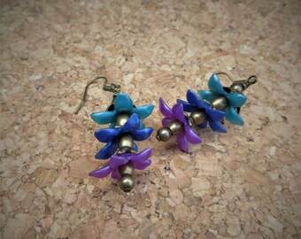 Floral Earrings Acrylic Flower Beaded Romantic Earrings Lightweight Flower Earrings Blue and Purple Flower Earrings Drop Handmade Earrings
