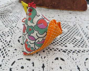 Ready to Ship Chicken Pin Cushion Handmade Cotton Fabric Stuffed with Crushed Walnut Shells Hen Unique Small Pincushion One of a Kind