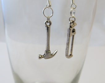 Hammer and Saw Earrings Tool Earrings Novelty Earrings Silver Metal Tool Charm Earrings Handmade and Unique Pierced Earrings with Tools