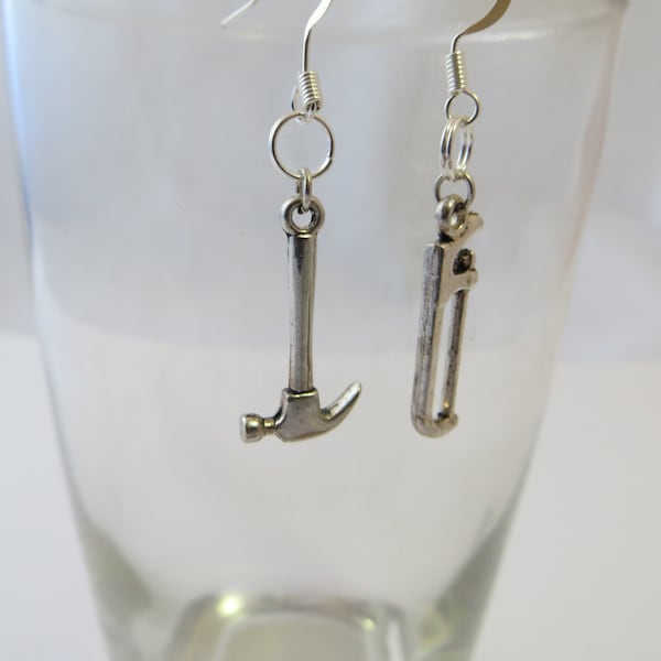 Hammer and Saw Earrings Tool Earrings Novelty Earrings Silver Metal Tool Charm Earrings Handmade and Unique Pierced Earrings with Tools