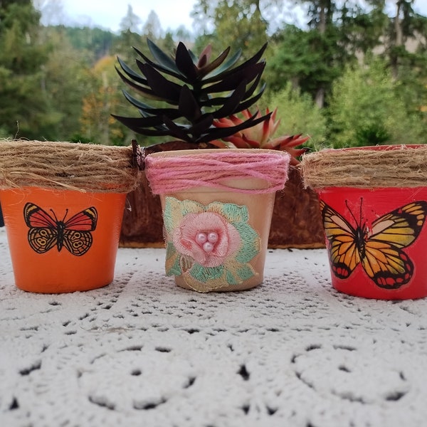 Upcycled Plant Pots Transfers and Appliques Unique and One of a Kind Flowers and Leaves and a Applique Pot for Indoor or Protected