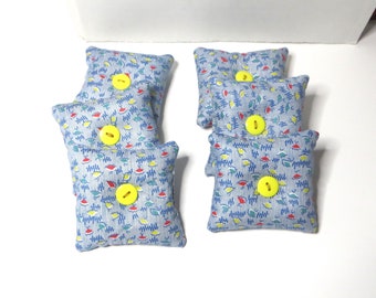 Set of Six Pattern Weights 3" Emory Sand Filled Tiny Pincushions or Pattern Weights Handmade Pillow Style with Button Pattern Holders Weight