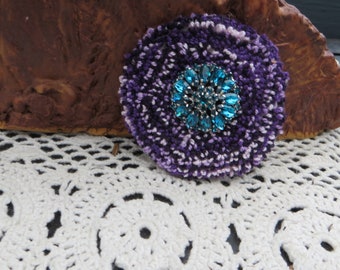 Textile Brooch or Pin Large Round Tufted Brooch with a Blue Rhinestone Center Handmade One of a Kind Brooch or Hat Pin Bag Pin Gift Idea