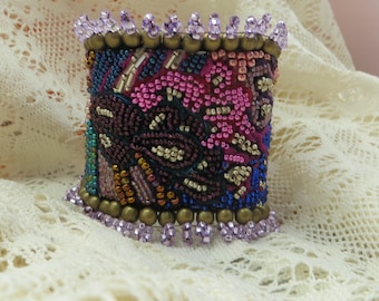 Handmade Beaded Cuff Art Cuff Statement Cuff "Celebration"  Bold and Bright Button Clasp Handmade One of a Kind Bead Embroidery Cuff Art