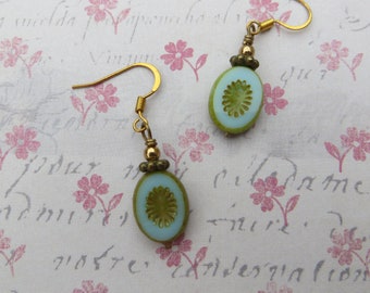 Handmade Earrings Five Dollar Earrings Fancy or Casual Green and Gold and Blue Drop Earrings One of a Kind Simple Drop Earrings Beaded