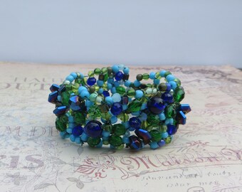 Woven Beaded Cuff Bracelet Handmade in Shades of Blue Wide with Glass Button Clasp Dark and Light Blues Glass Faceted Beaded Bracelet Unique