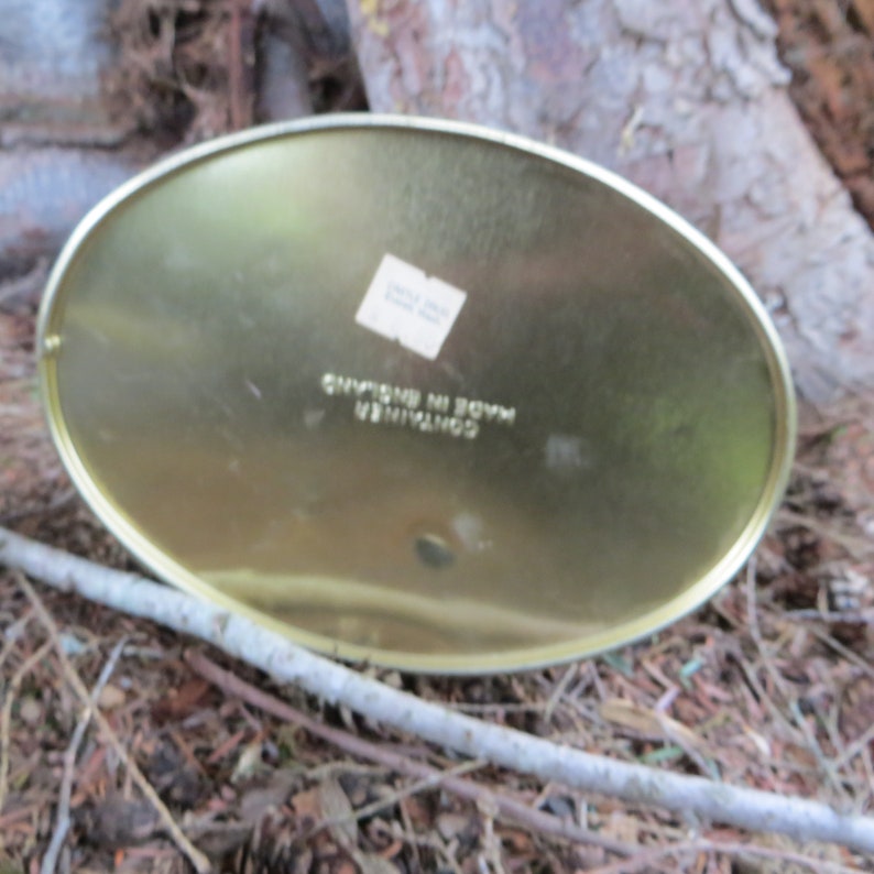 Vintage Tin Box Oval Shaped Large Tin Box with Lid Soft Colors with a Duck and Leaves Made in England Candy or Cookie Tin Moos Page