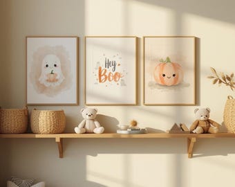 Halloween Nursery Wall Art Set – Boho Neutral Watercolor Ghost Pumpkin Prints, Digital Download