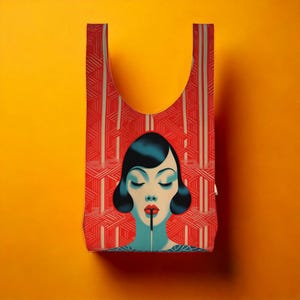 Puede incluir: Una bolsa de la compra reutilizable con un patrón geométrico rojo y blanco. La bolsa presenta un gráfico de una mujer con cabello azul y ojos cerrados, vistiendo un vestido azul y blanco. La mujer sostiene una pajita azul y blanca en su boca.