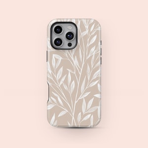 May include: A phone case featuring a beige background with a white botanical leaf pattern. The case has a glossy finish and a camera cutout. The design is a simple, elegant, and nature-inspired aesthetic.