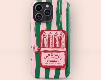 Retro Sardine iPhone & Galaxy Case: Pink Fish Art, Dual Layer Protection
