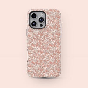 May include: A phone case featuring a peach and cream abstract pattern of swirling lines. The case has a glossy finish and a camera cutout. The design is a repeating, flowing motif, creating a textured appearance. The case is designed for a smartphone.