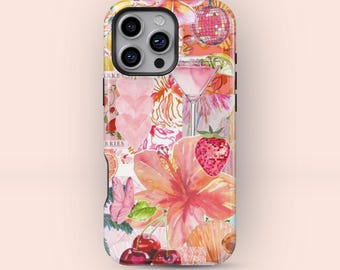 May include: A colorful phone case featuring a collage of watercolor illustrations. The design includes a pink cocktail, a disco ball, hibiscus flowers, cherries, and a butterfly. The case has a glossy finish and a protective bumper.