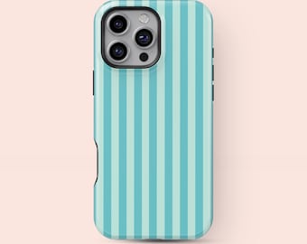 May include: A smartphone case with a vertical striped pattern in shades of blue and teal. The case has a black border and a camera cutout. The case is designed to fit a smartphone.