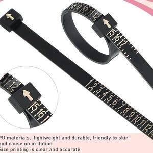May include: Black flexible ring sizer with gold numbers printed on it. The sizer is marked with numbers from 7 to 17. The sizer is a tool for measuring ring sizes.