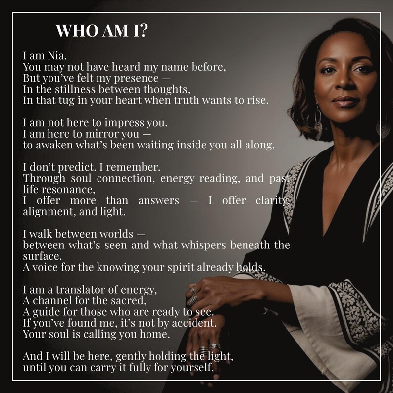 May include: Image features a woman with dark hair and a black and white patterned top. Text overlay reads "WHO AM I?" followed by a poem about self-discovery, energy, and guidance. The image has a soft, contemplative aesthetic.