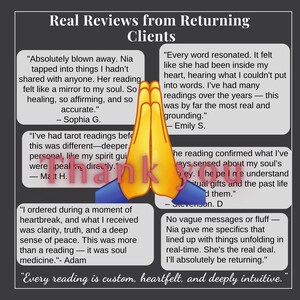 May include: Image featuring customer reviews with a praying hands emoji and the word "Thank" in pink. The reviews are testimonials about a spiritual reading service, highlighting accuracy and insight.