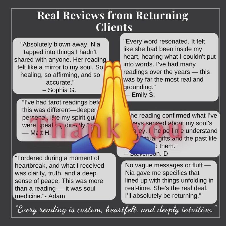 May include: Image featuring customer reviews with a praying hands emoji and the word "Thank" in pink. The reviews are testimonials about a spiritual reading service, highlighting accuracy and insight.