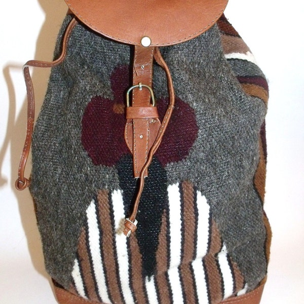 Vintage Aztec Backpack Bag Hemp & Leather