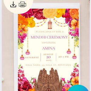 Modèle d'invitation Mehndi modifiable | Invitation Haldi Dholki Mayoun Mendhi | Modèle de toile pour téléchargement numérique