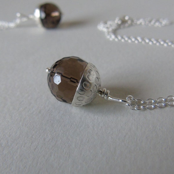 Silver and smoky quartz bead acorn necklace