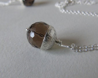 Silver and smoky quartz bead acorn necklace