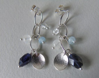 Silver mini waterfall blue earrings