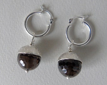 Silver and smoky quartz acorn earrings