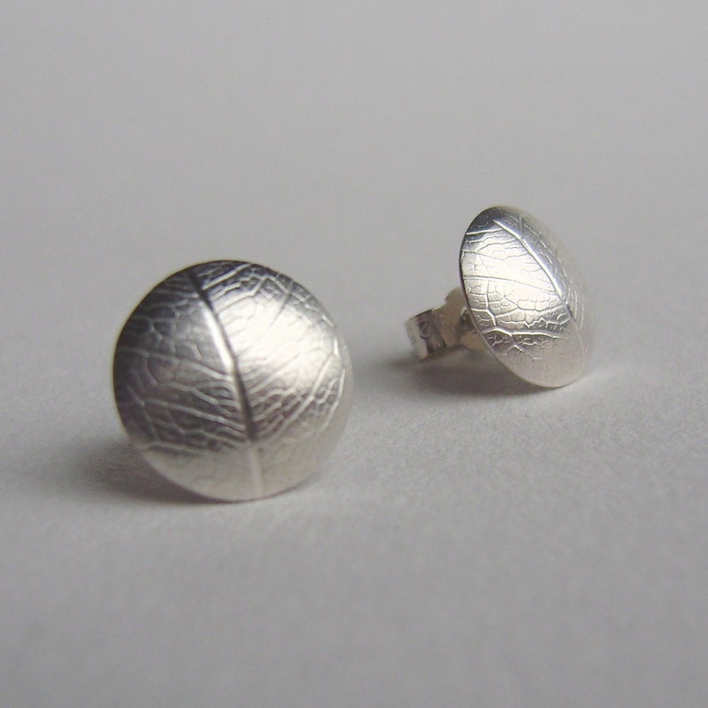 Silver convex leaf dome earrings image 1