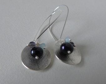 Silver leaf dish blue bead cluster earrings