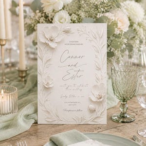 May include: A rectangular wedding invitation card in off-white featuring embossed floral details and text that reads: Together with their families, Connor and Ester invite you to celebrate their wedding, Sunday, October 1, 2023, 123 Anywhere St., Any City, Reception to follow.
