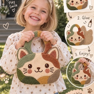 Pode incluir: Um kit de artesanato em feltro com uma bolsa em forma de gato com retalhos verdes, creme e castanhos. O gráfico mostra três passos: 1. Cut, 2. Glue, 3. Enjoy. O texto diz Create Play Smile e Little Hands Big Joy, ilustrando a montagem.