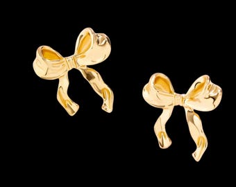 Pendientes de lazo dorado con nudo, bonitos pendientes de cinta kawaii para mujeres y niñas.